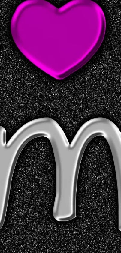 Vibrant pink heart and metallic "M" on black textured wallpaper.